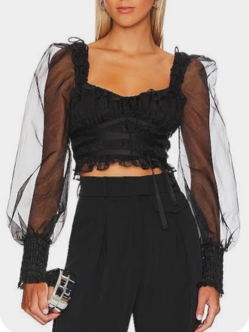 For Love & Lemons Gabrielle Black Ruched Tie-Front Crop Top Small Corset Goth